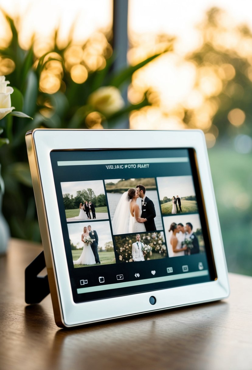 A digital photo frame shows a slideshow of wedding photos