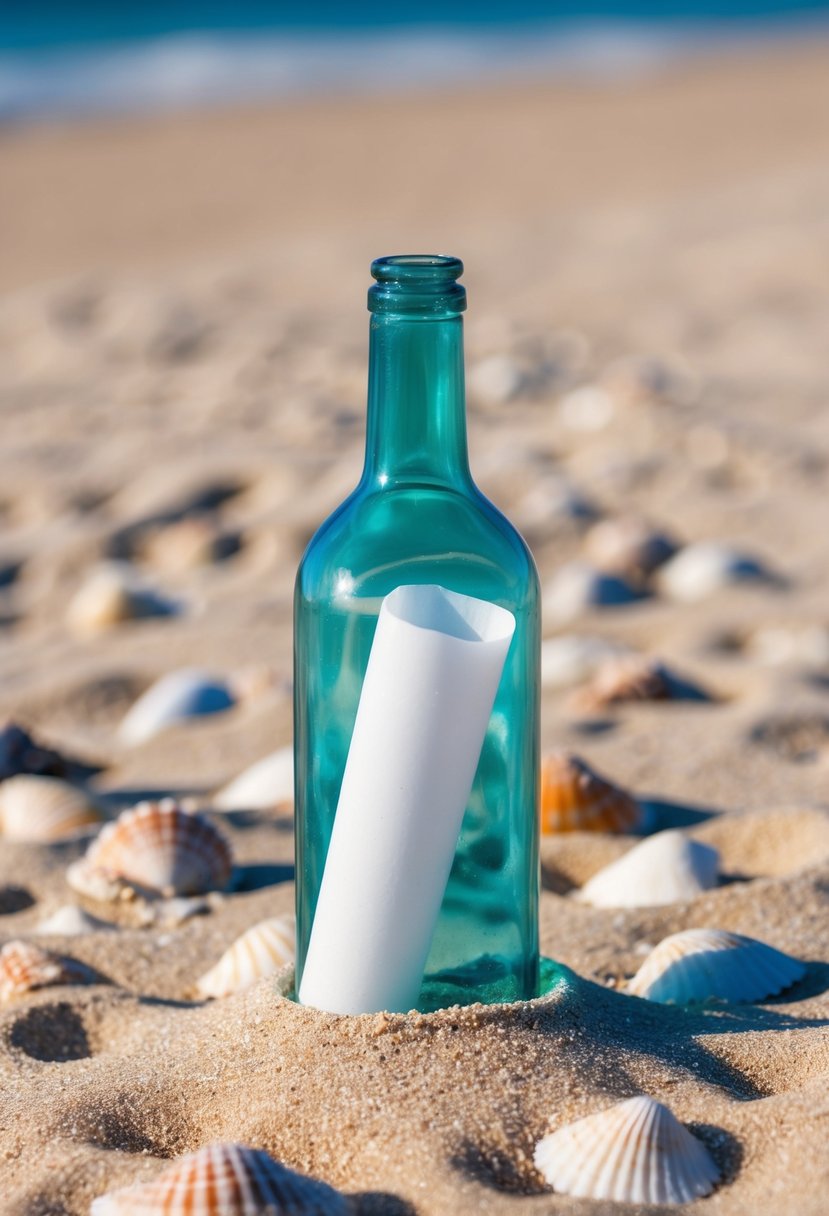 A glass bottle with a rolled-up paper inside, resting on a sandy beach with seashells scattered around