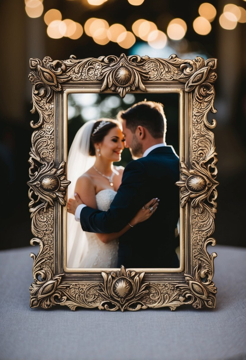 A vintage-style frame with intricate details and ornate patterns, adding old-fashioned charm to a wedding photo