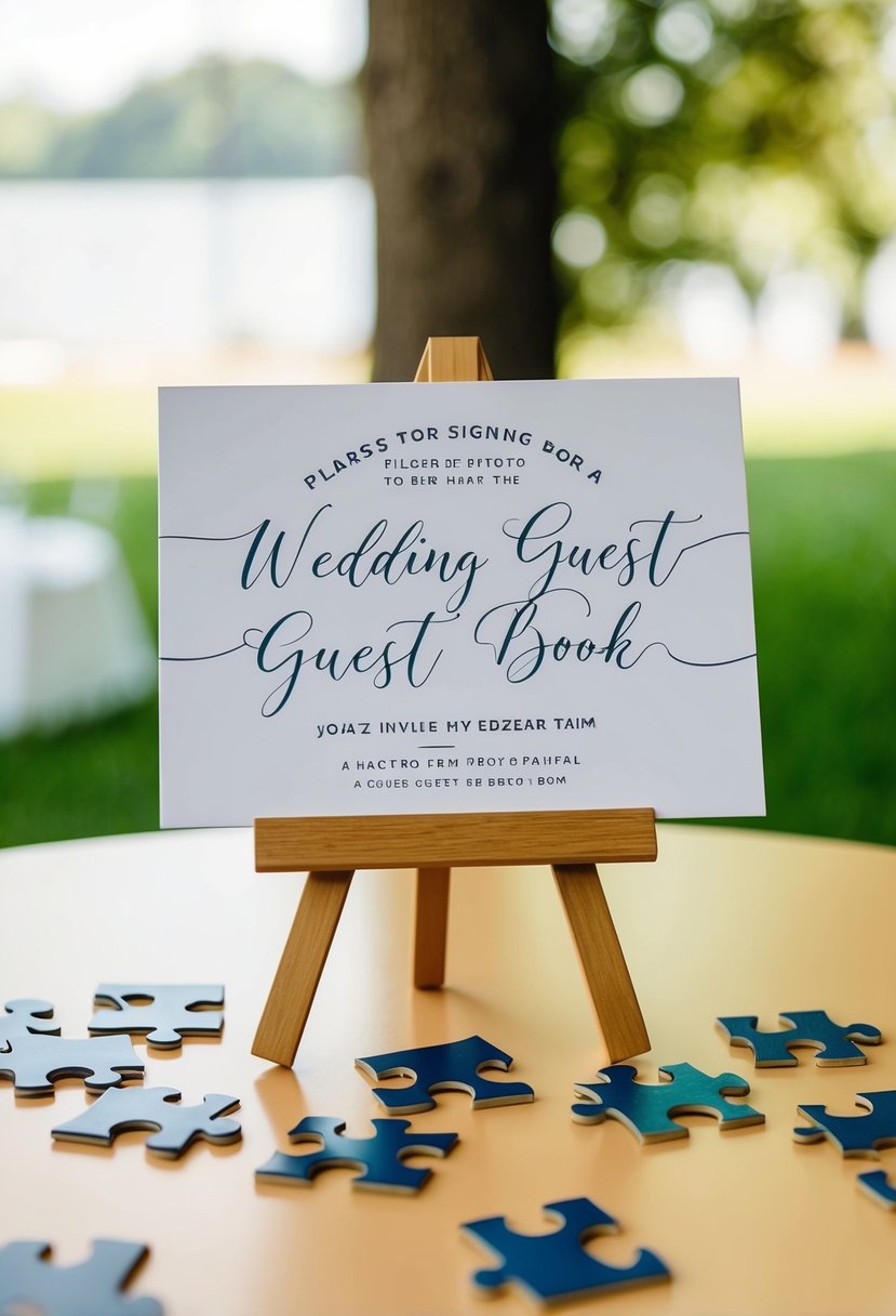 A table with puzzle pieces and a sign inviting guests to sign them for a wedding guest book