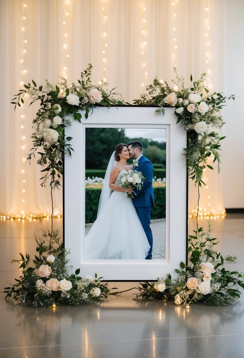 A custom floating frame holds a wedding photo, surrounded by delicate floral arrangements and twinkling fairy lights