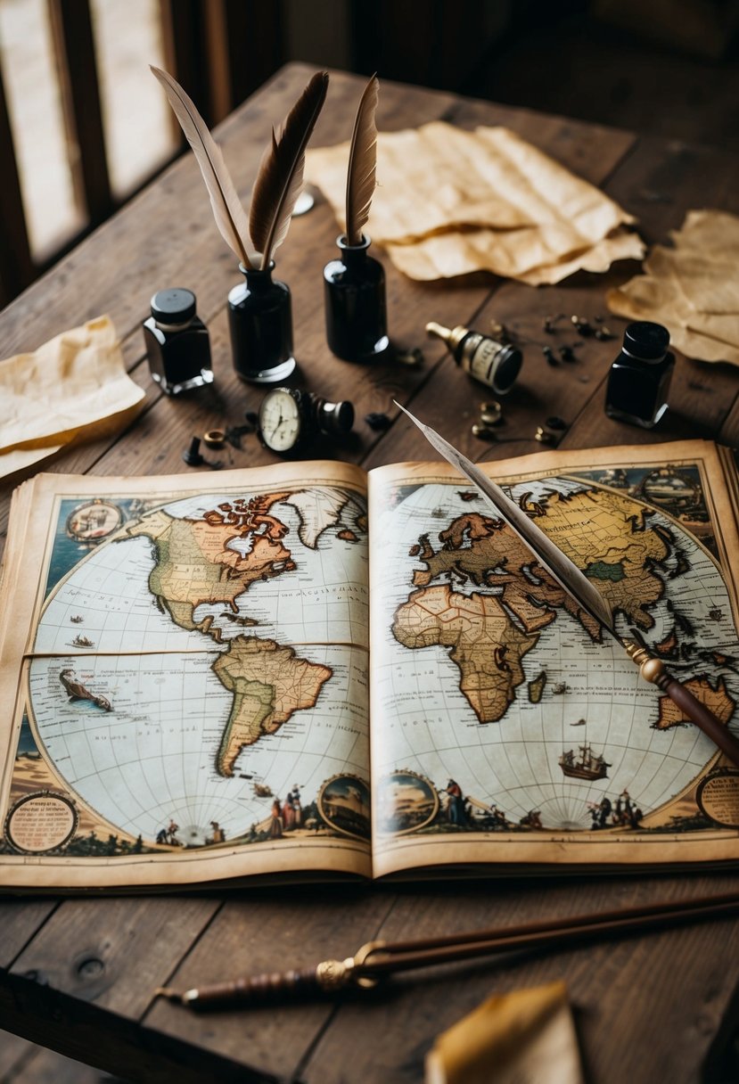 A vintage map spread open on a wooden table, surrounded by quills, ink bottles, and scattered parchment