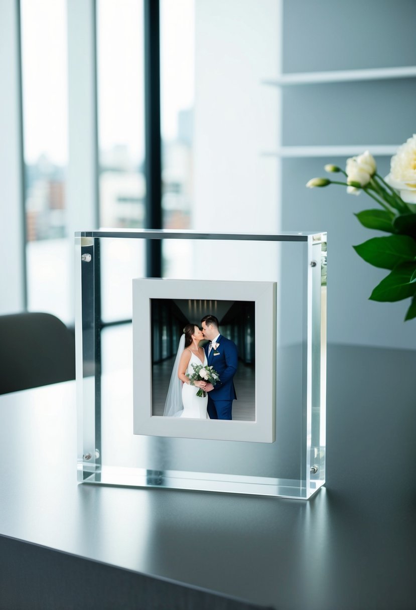 An acrylic block frame sits on a sleek, minimalist table. The frame showcases a modern wedding photo, surrounded by clean lines and contemporary decor