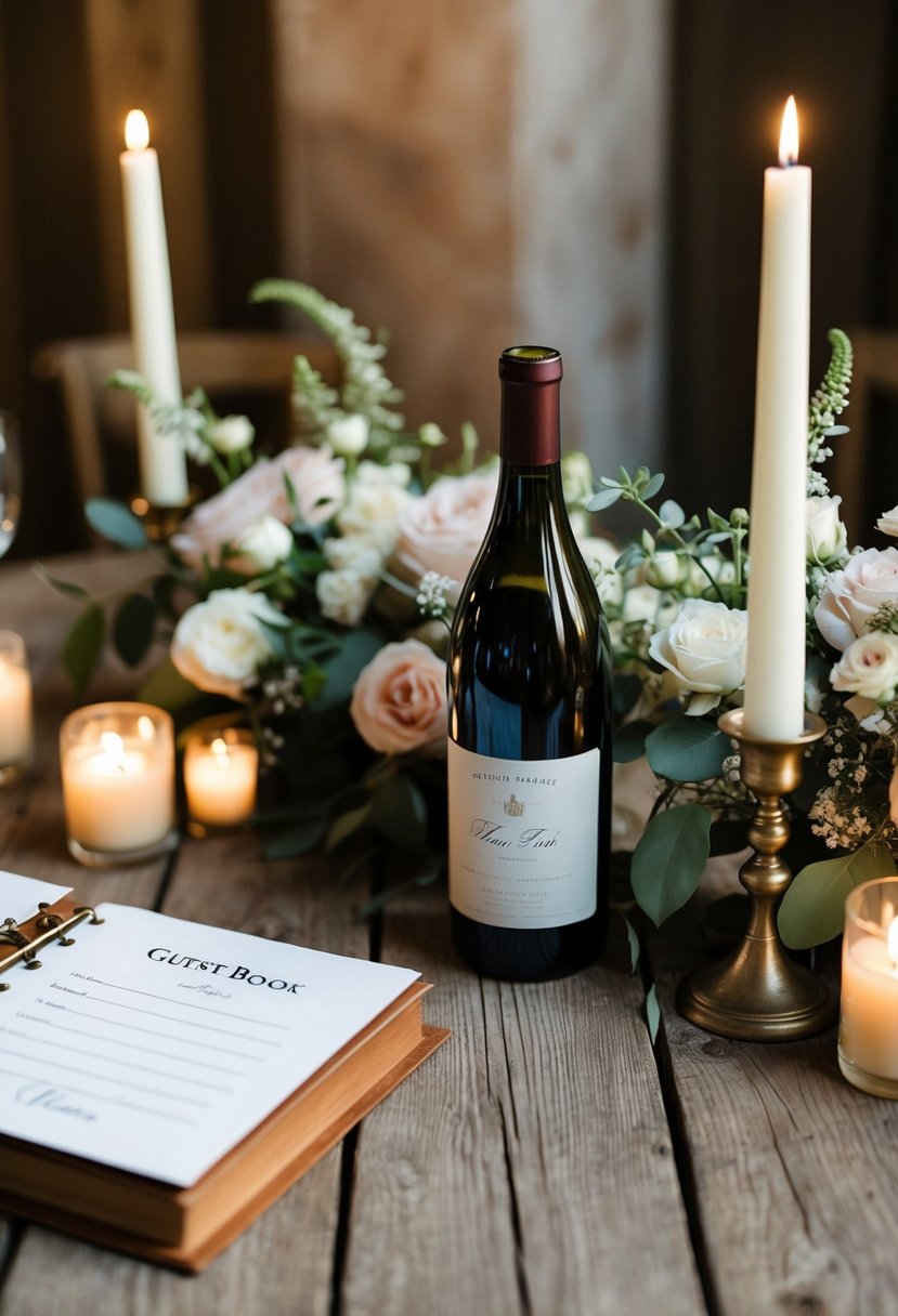 A rustic wooden table with a wine bottle guest book, surrounded by elegant floral arrangements and soft candlelight