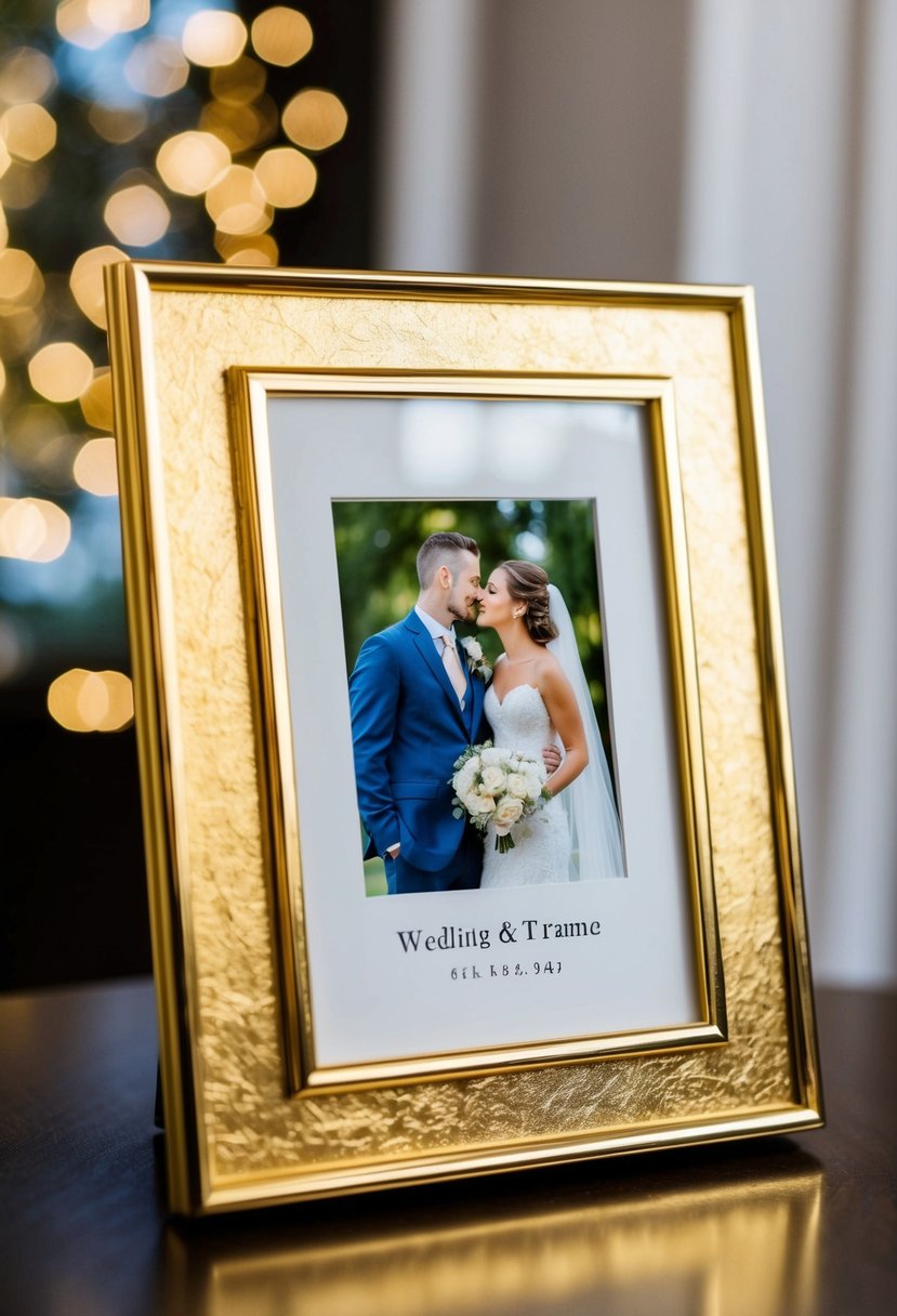 A gold-leaf frame surrounds a wedding photo, adding a touch of luxury to the elegant display