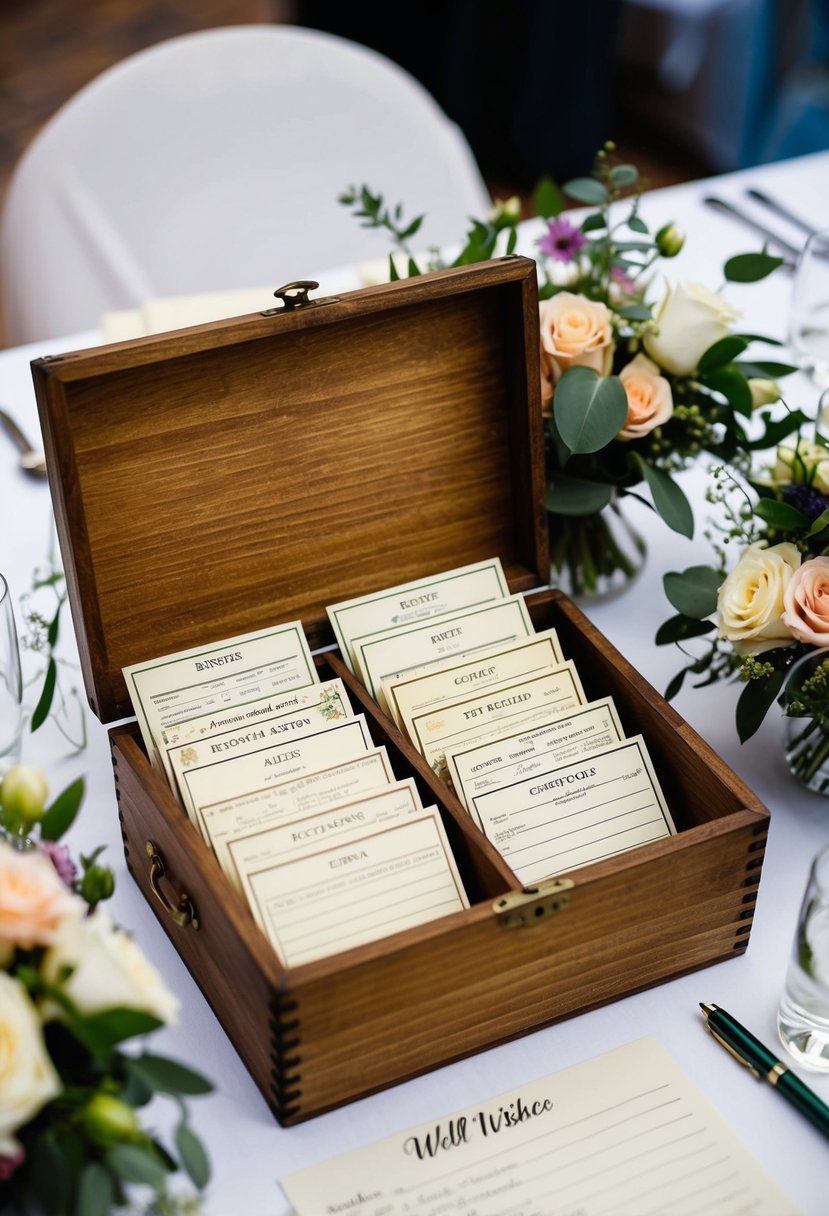 A vintage wooden box filled with recipe cards, surrounded by floral arrangements and a pen for guests to write well wishes at a wedding reception