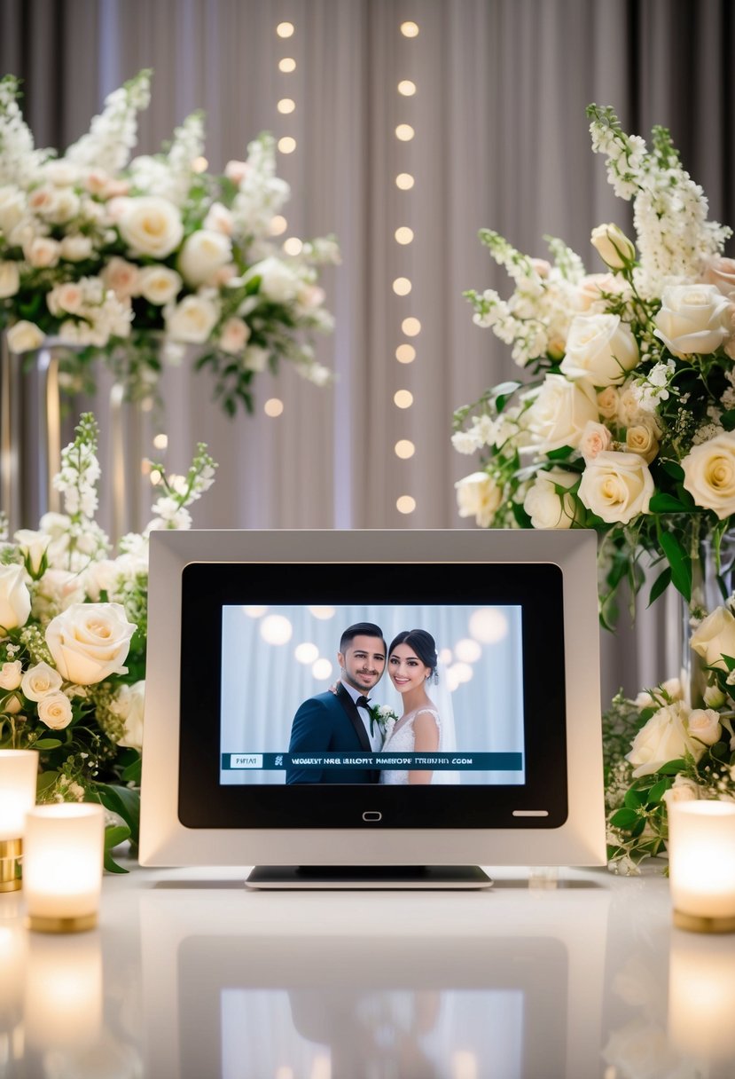 A sleek, modern wedding photo frame with a built-in video screen, surrounded by elegant floral arrangements and soft, romantic lighting