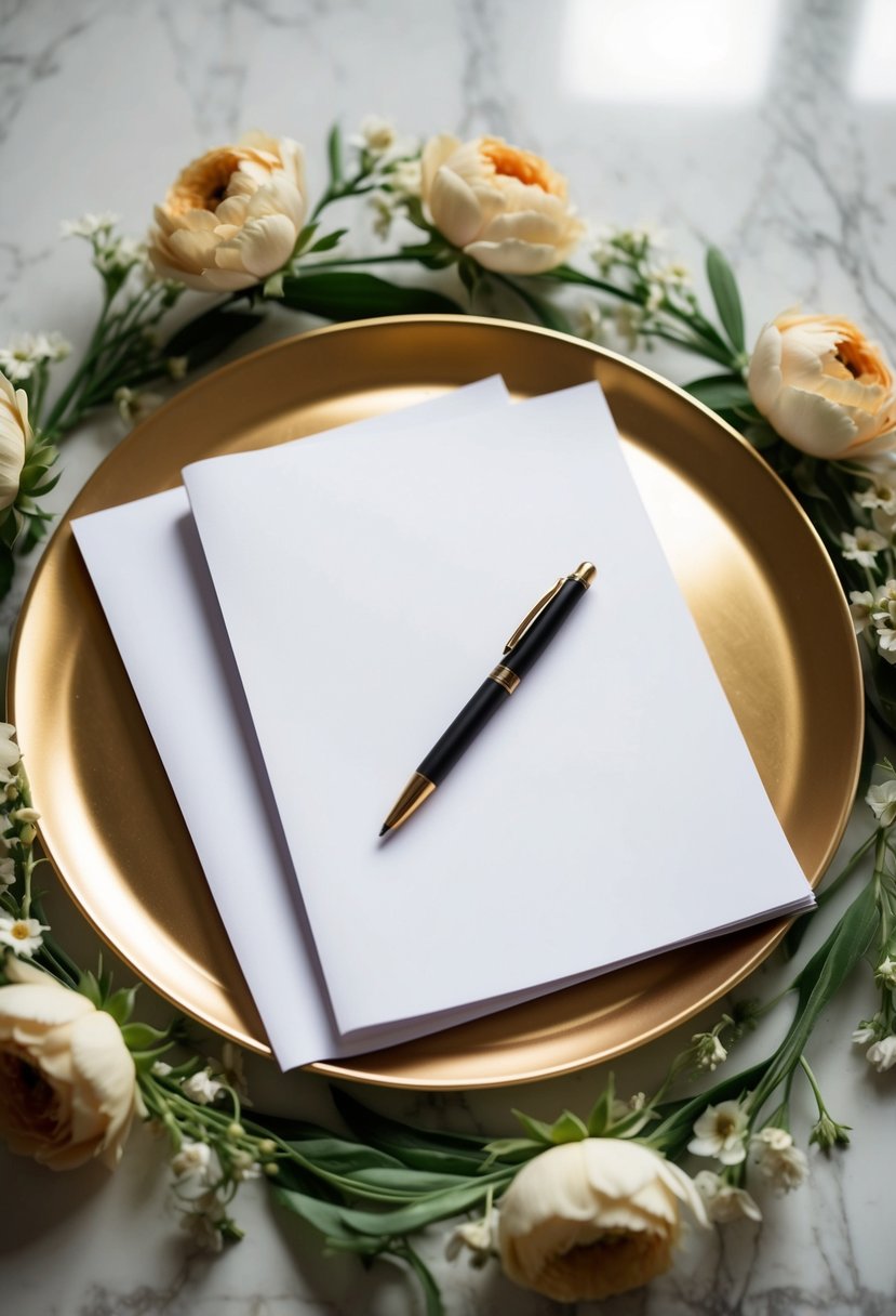 A platter with blank pages and a pen, surrounded by elegant floral decorations