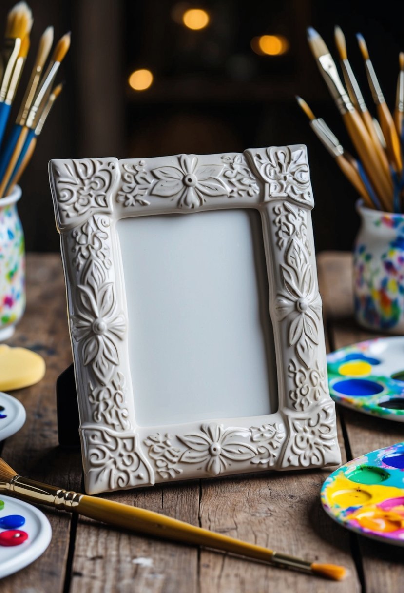 A ceramic frame adorned with intricate designs, sitting on a rustic wooden table, surrounded by paintbrushes and colorful paint palettes