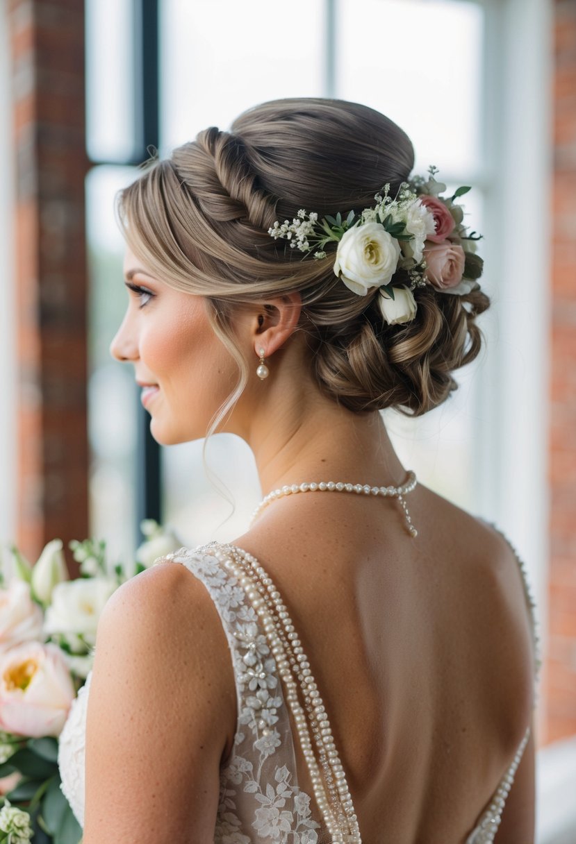 A bride with a delicate updo adorned with flowers and pearls