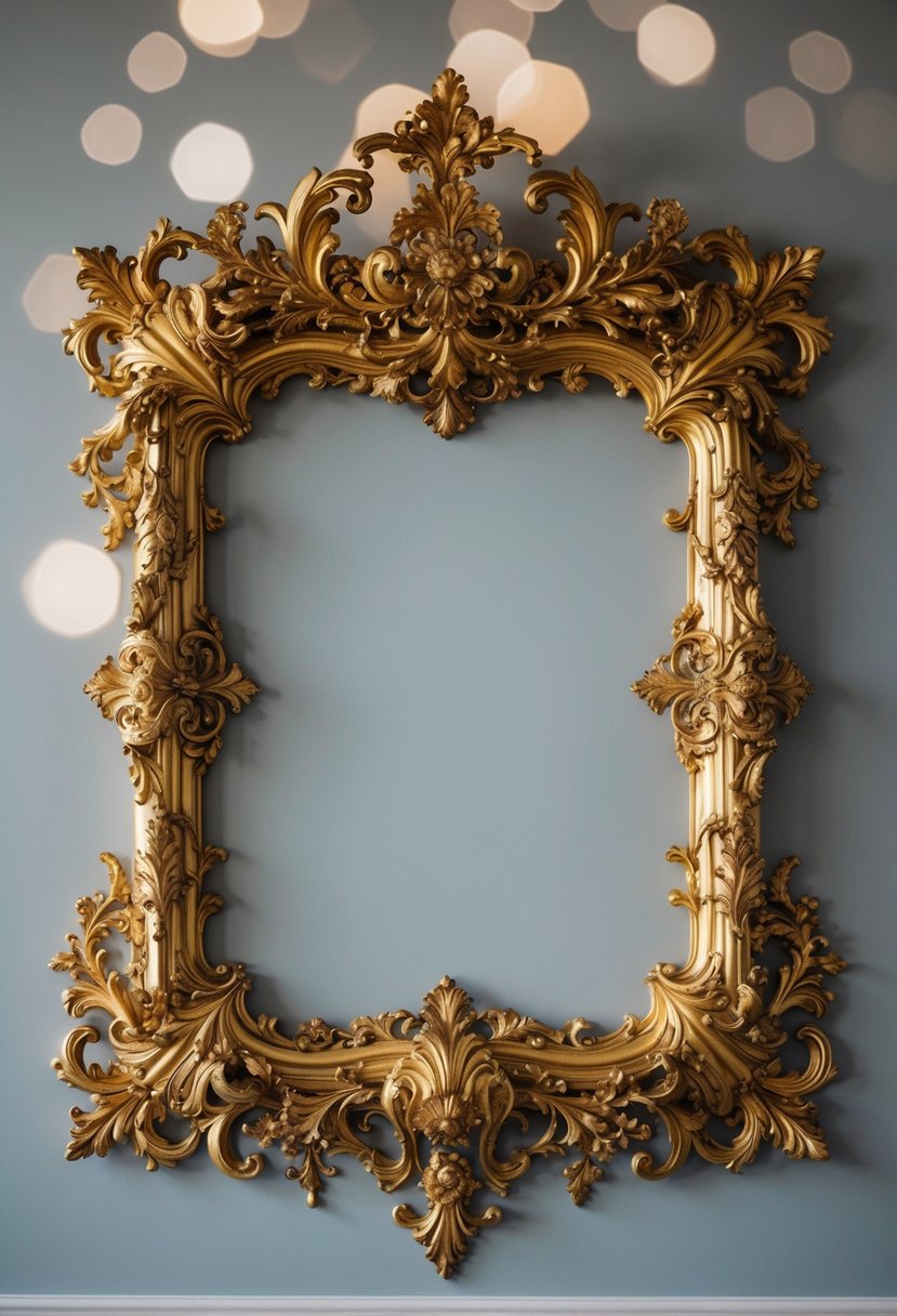 A grand, ornate baroque frame adorned with intricate gold details, featuring elaborate scrollwork and decorative flourishes for a classic wedding photo