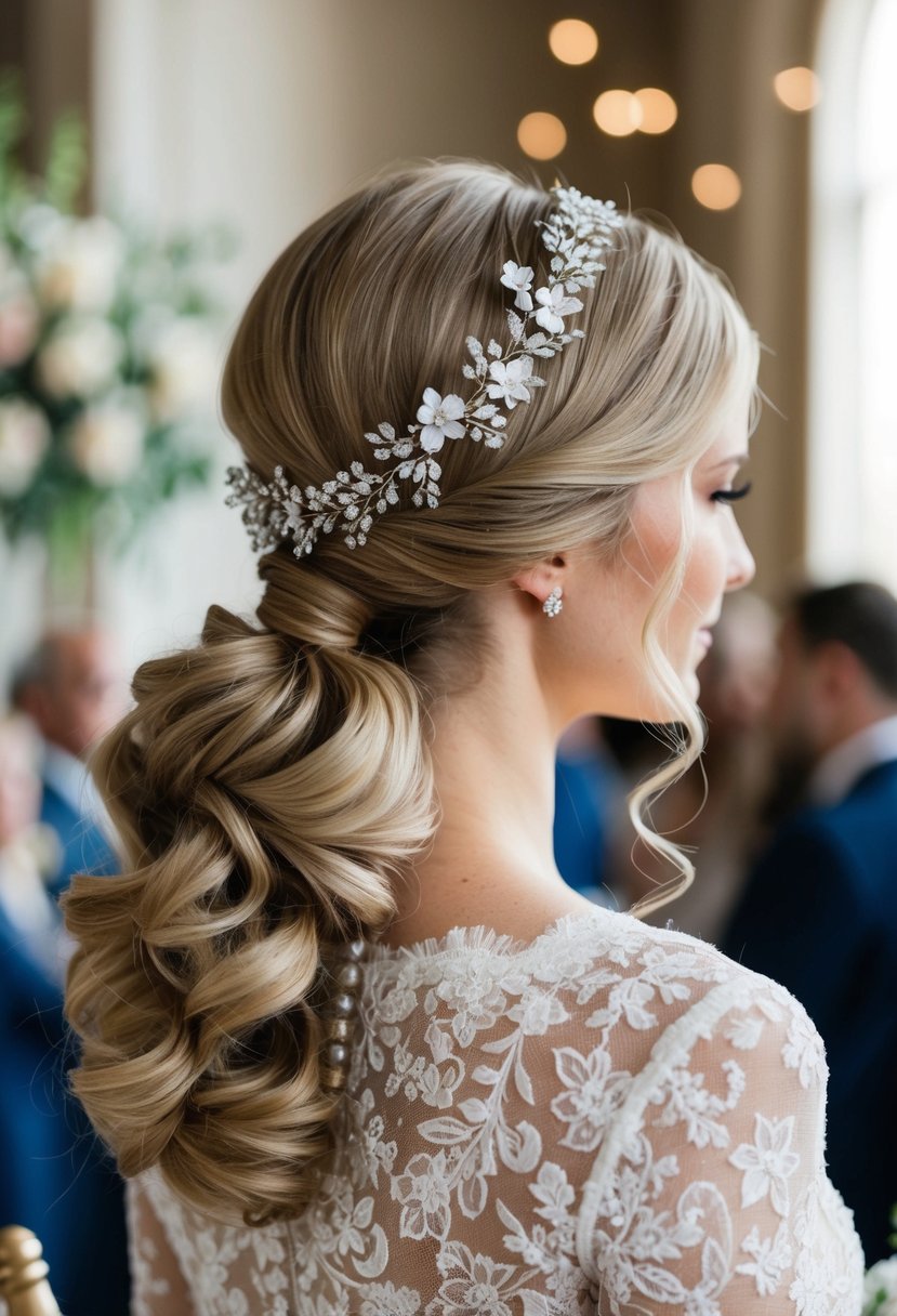 A chic ponytail with soft curls, adorned with delicate flowers and a sparkling hair accessory, styled for a romantic wedding