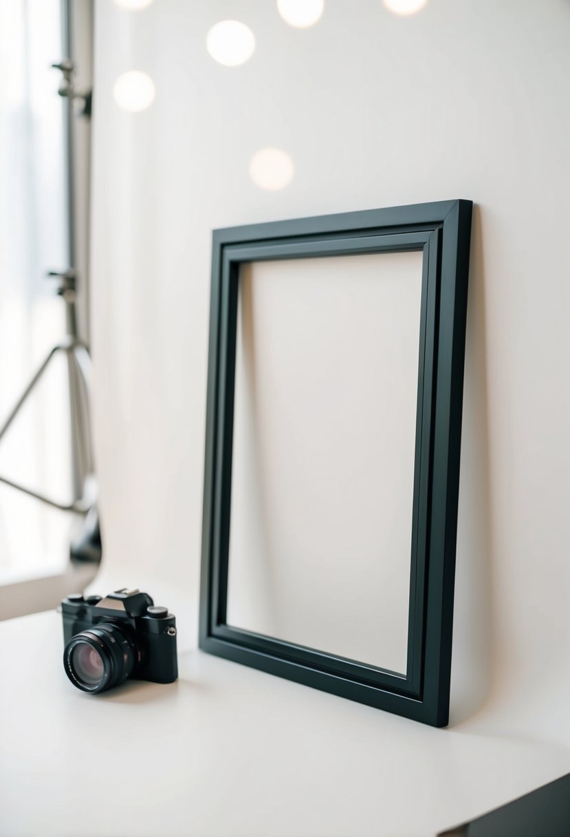 A sleek black frame against a white backdrop with soft lighting