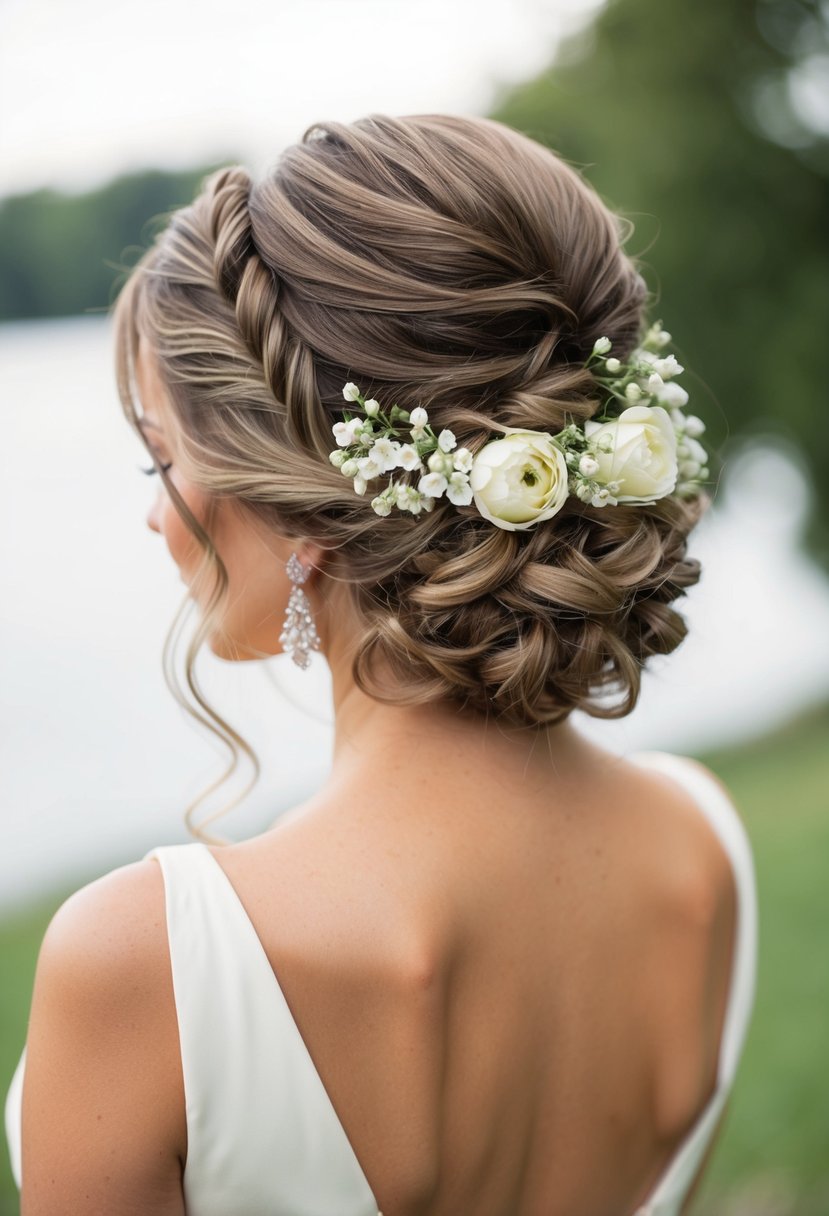 A woman's hair styled in a loose updo with flowers intertwined, creating a romantic wedding hairstyle