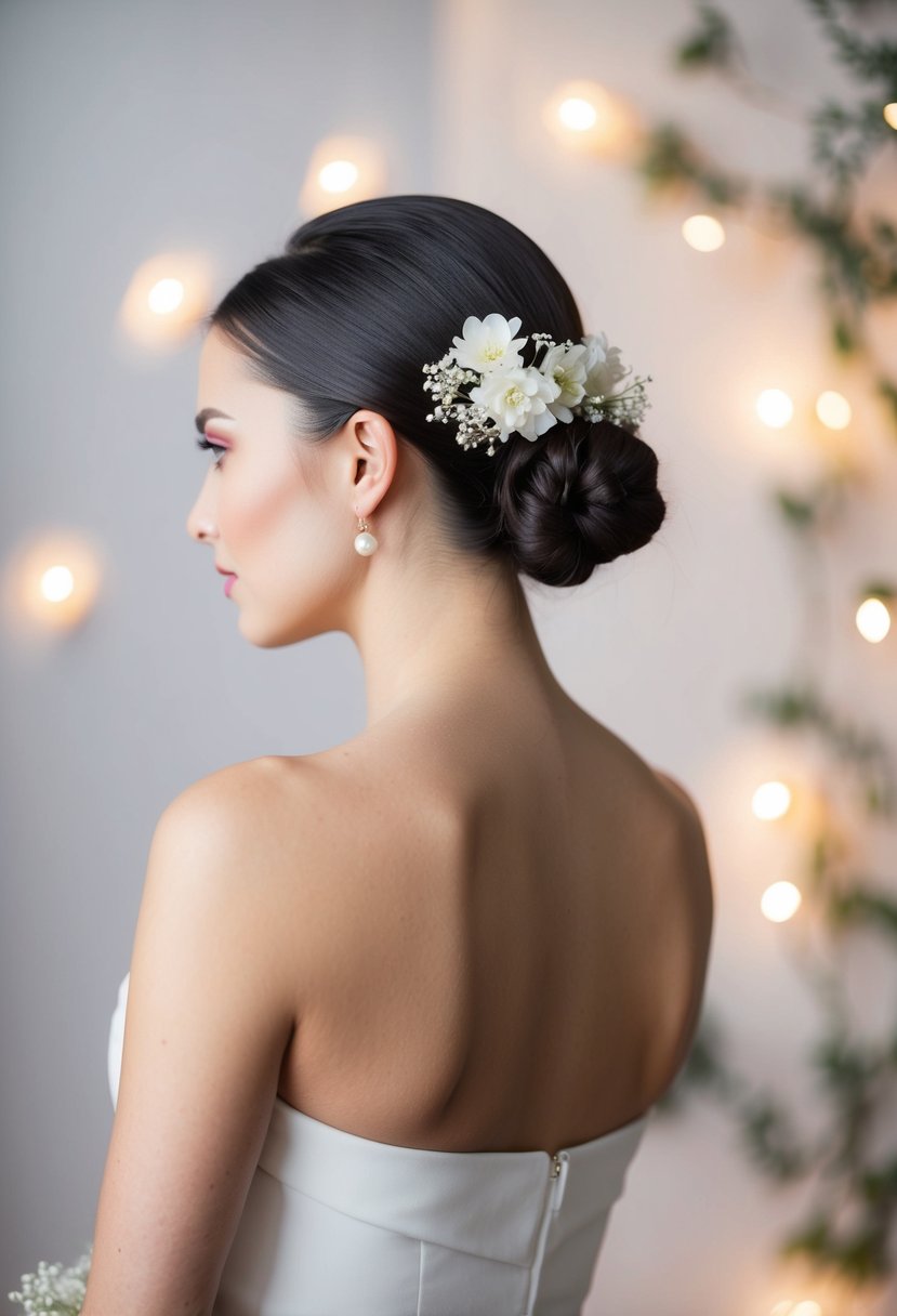 A woman with a sleek low bun and middle part, adorned with delicate flowers, stands against a backdrop of soft, romantic lighting