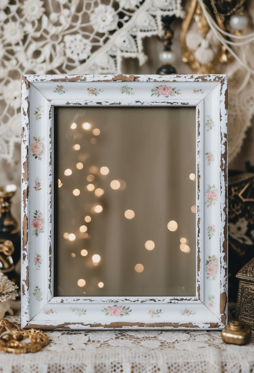 A distressed white frame adorned with delicate floral patterns and weathered edges, set against a backdrop of vintage lace and antique trinkets