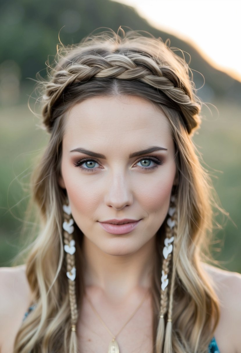 A woman's head adorned with a boho braided crown, with loose tendrils framing the face