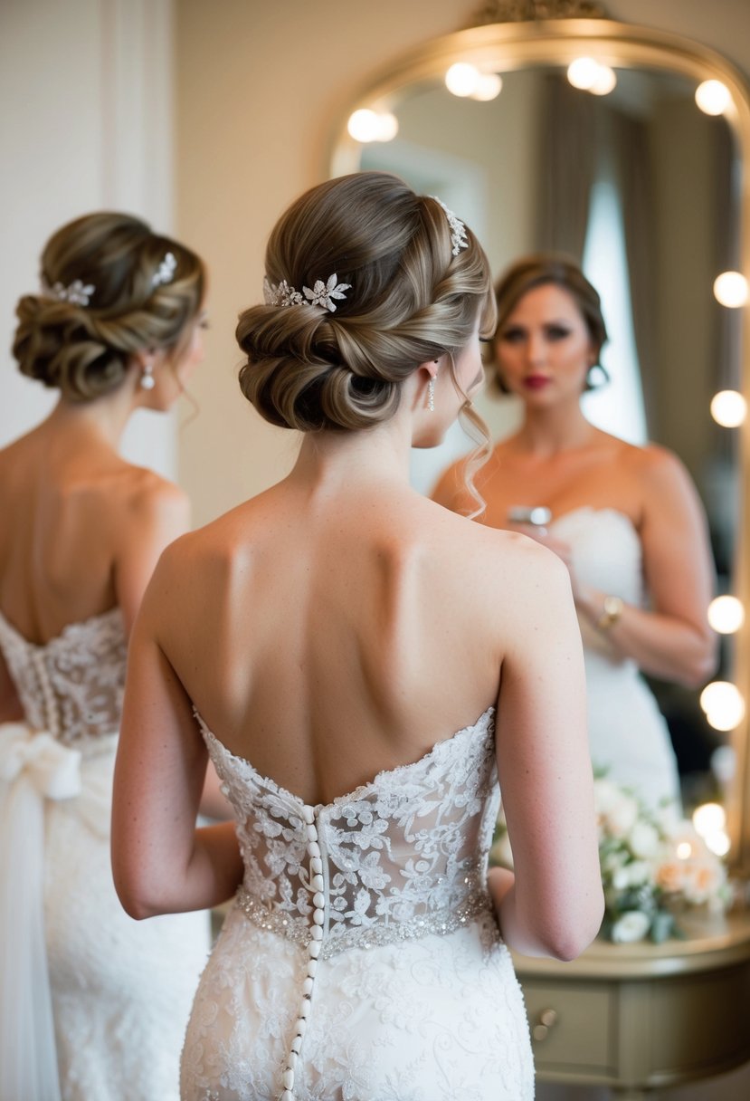 A bride with glamorous vintage waves and a side part, standing in front of a mirror admiring her wedding hairstyle