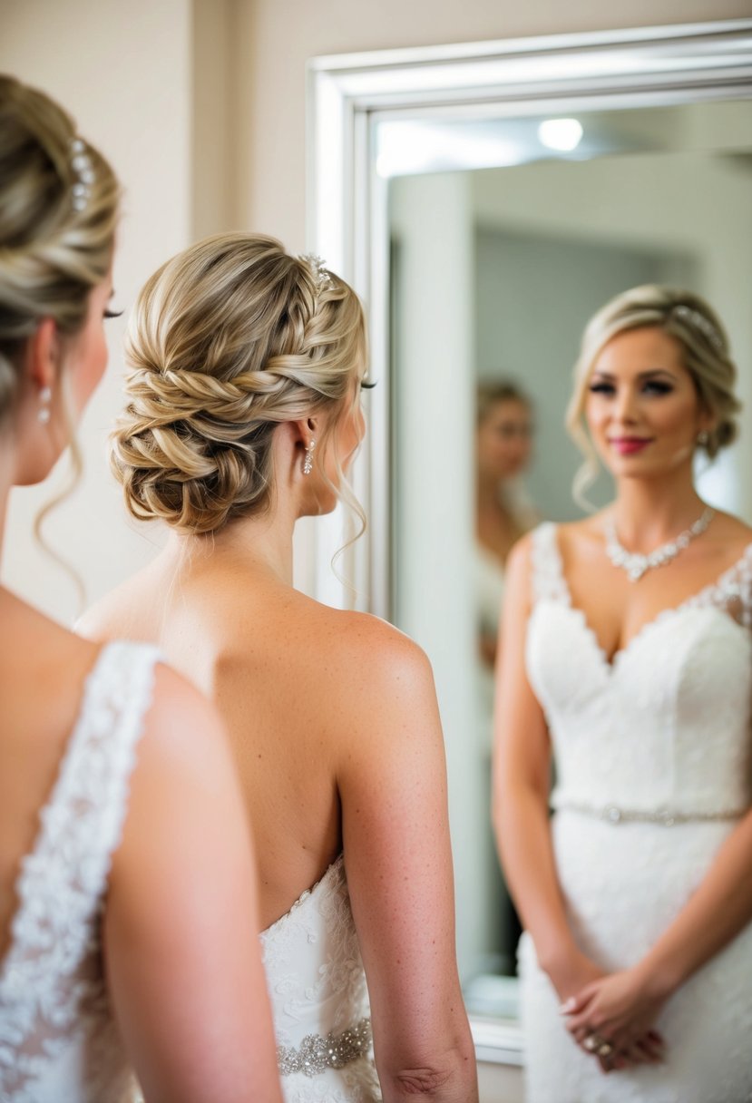 A bride with a half-up half-down hairstyle adorned with delicate twists, standing in front of a mirror, getting ready for her wedding