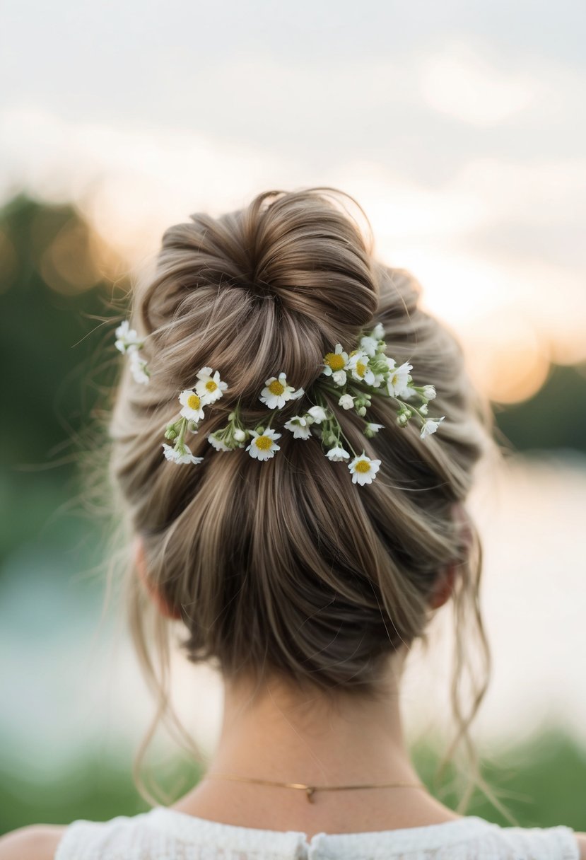 A woman's messy bun adorned with small flowers, set against a soft, romantic background