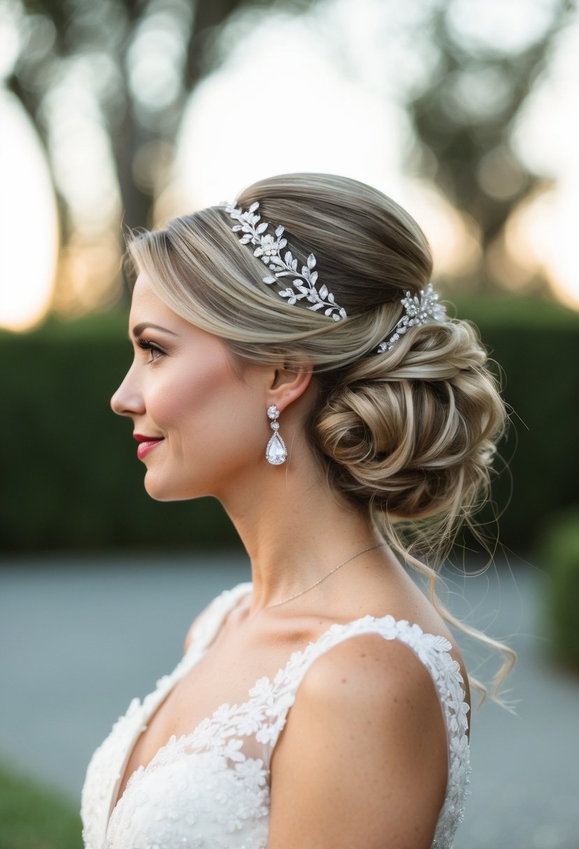 A bride with a classic chignon adorned with modern accessories