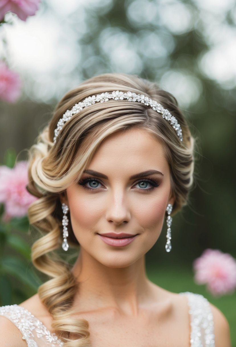 Side-swept curls adorned with a jeweled headband, framing the face in an elegant wedding hairstyle