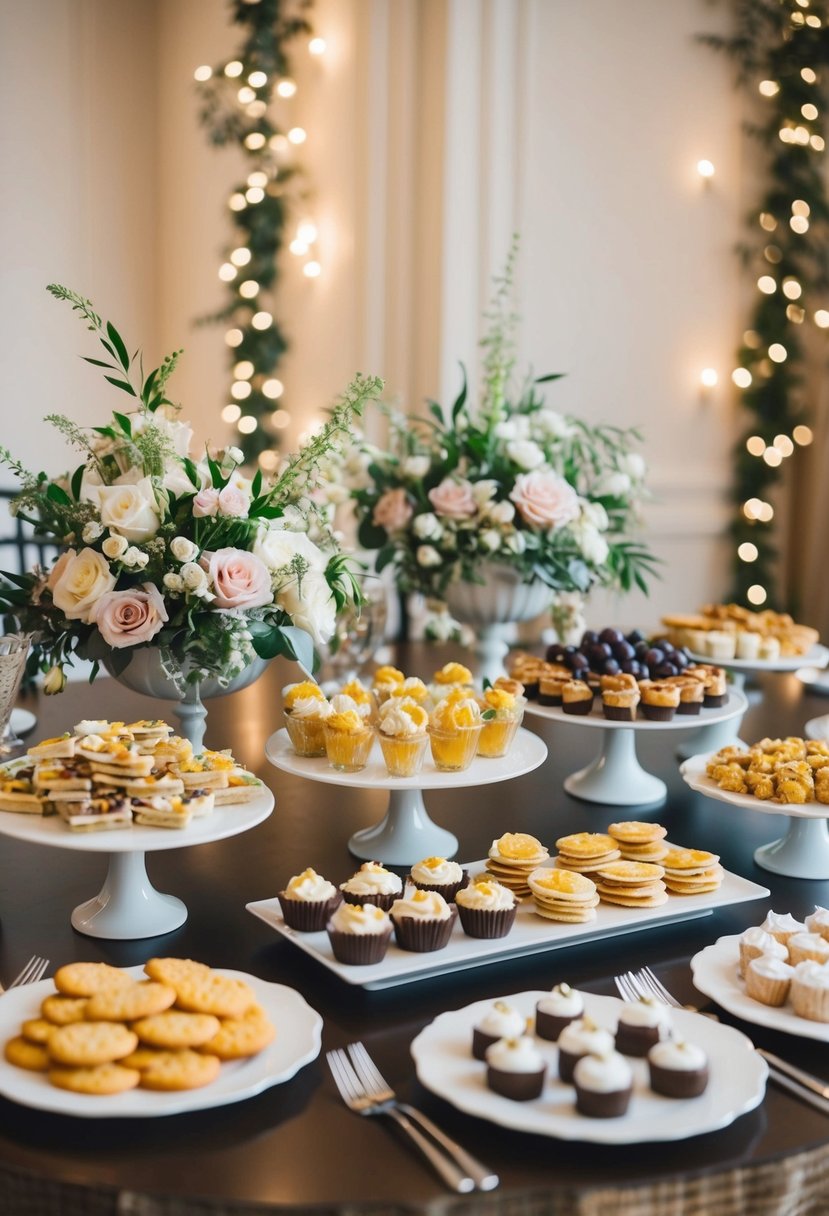 A beautifully decorated table with an assortment of elegant snacks and desserts, surrounded by delicate floral arrangements and twinkling lights