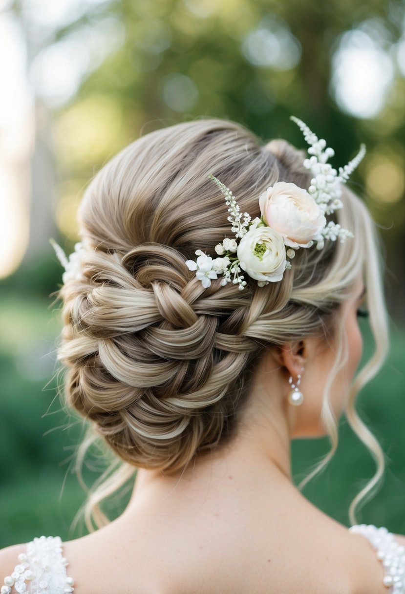 A high bun with intricate braiding detail, adorned with delicate flowers and pearls, perfect for a wedding hairstyle