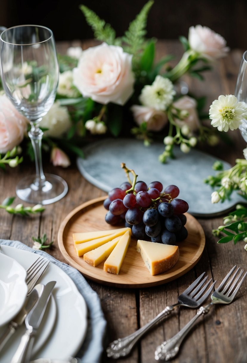 A mini cheese platter with grapes sits on a rustic wooden table, surrounded by elegant serving utensils and delicate floral arrangements