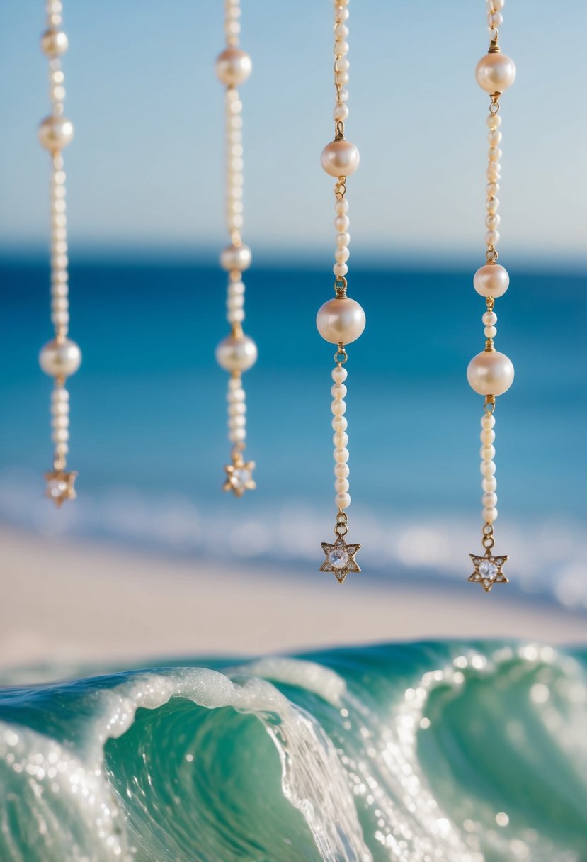 Soft waves cascade down, adorned with delicate pearl pins, against a backdrop of a serene beach