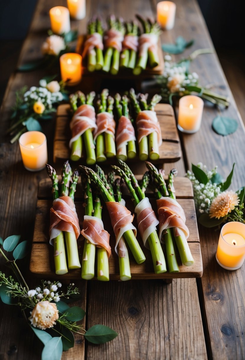 A rustic wooden table adorned with elegant prosciutto-wrapped asparagus bundles, surrounded by delicate floral arrangements and glowing tea lights