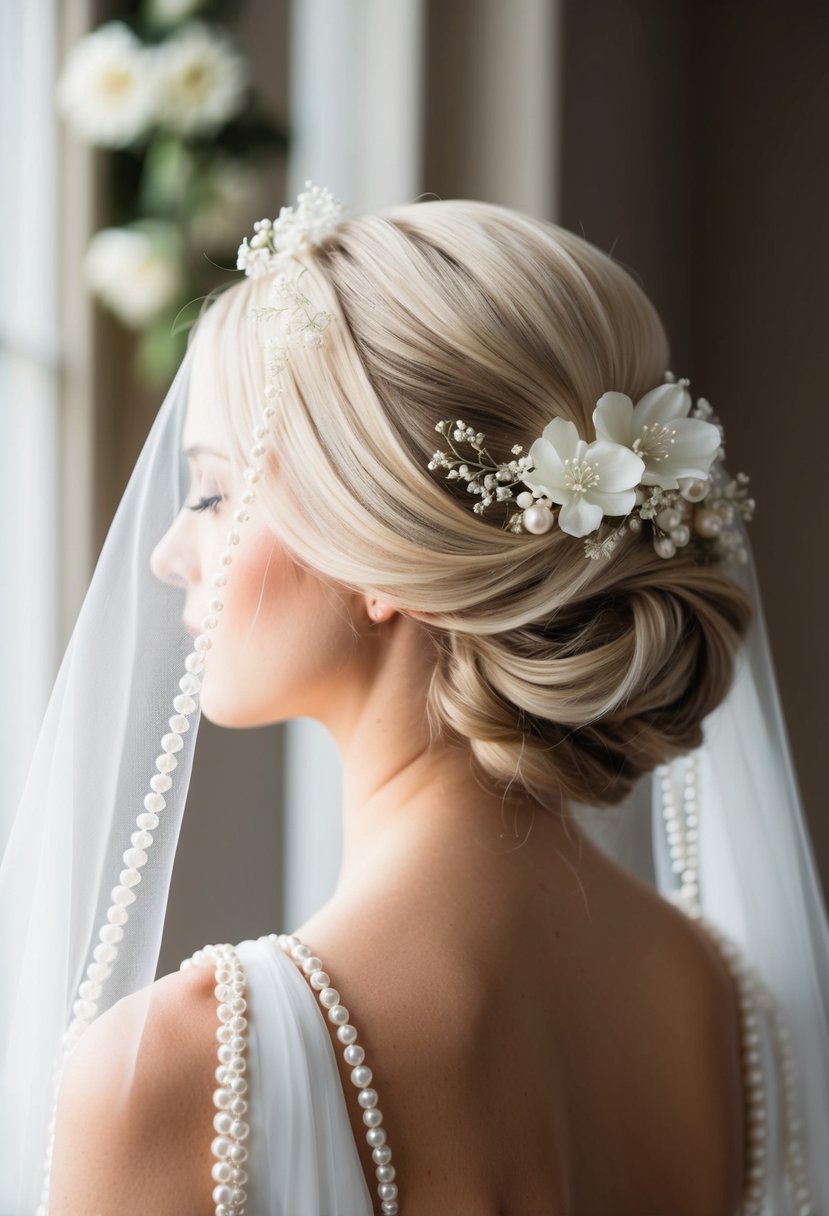 An elegant twisted updo with a veil, adorned with delicate flowers and pearls