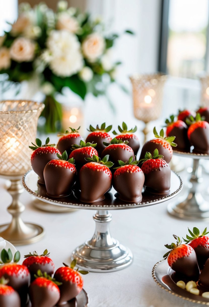 A table adorned with chocolate-dipped strawberries, surrounded by elegant wedding decor