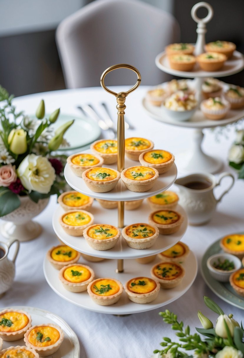 A variety of mini quiches displayed on a tiered stand, surrounded by elegant dishes and floral arrangements, set on a white tablecloth