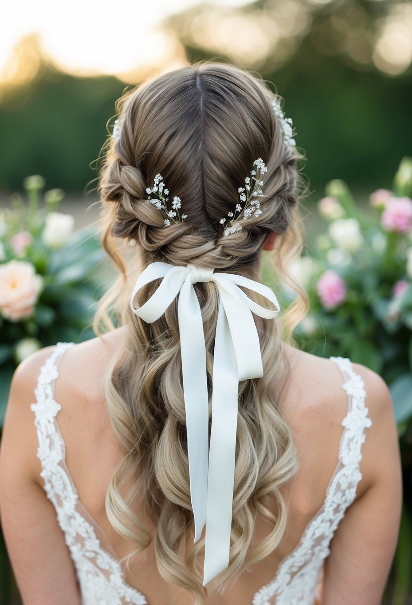 A bride's hair styled in a braided half-up hairdo with a ribbon tie, adorned with delicate flowers and sparkling hairpins