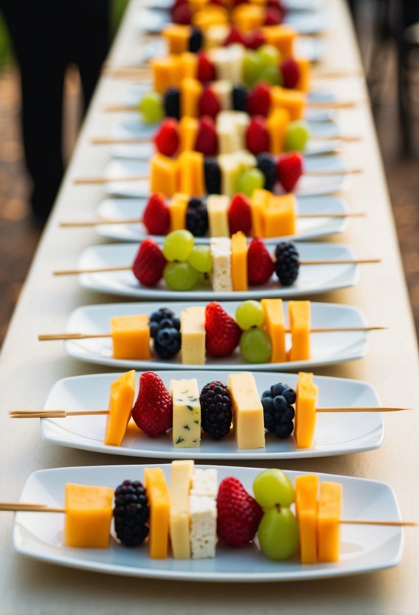 A table adorned with fruit and cheese skewers, arranged in an elegant display for a wedding snack table