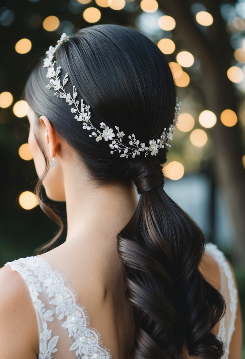 A sleek, low ponytail with subtle volume, adorned with delicate wedding hair accessories