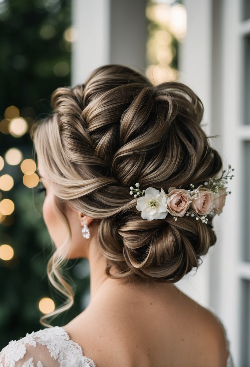 A vintage-inspired rolled updo wedding hairstyle with intricate twists and delicate floral accents