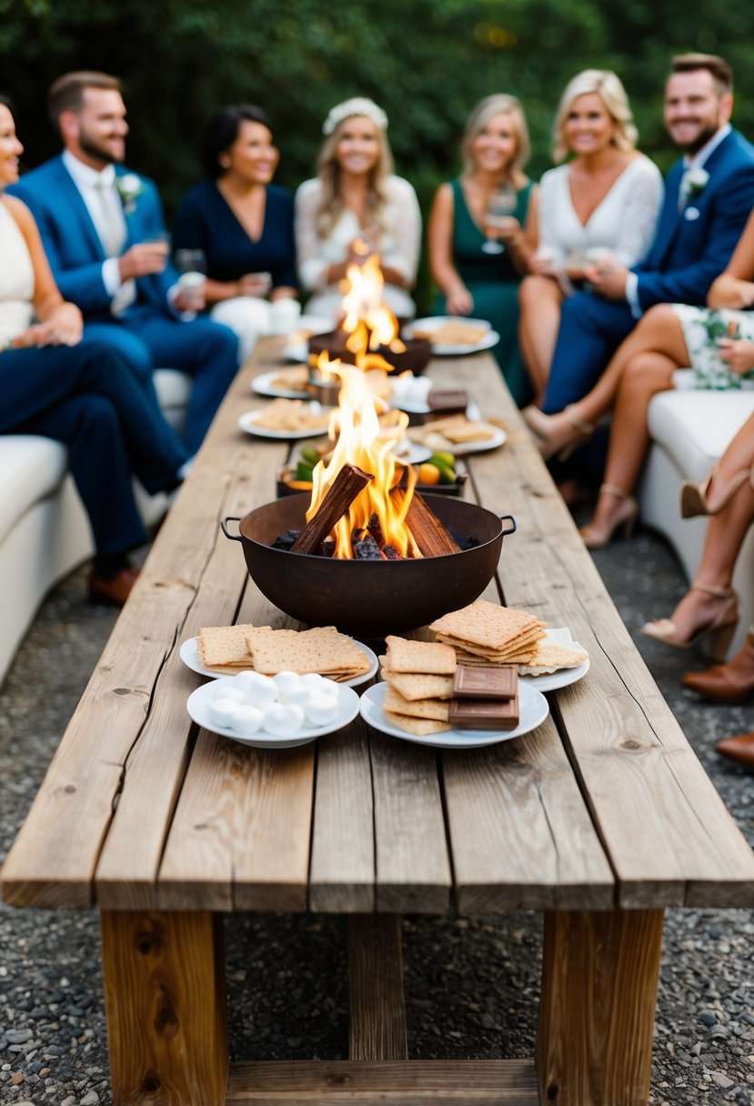 A rustic wooden table adorned with a variety of s'mores ingredients and a small fire pit, surrounded by cozy seating for wedding guests