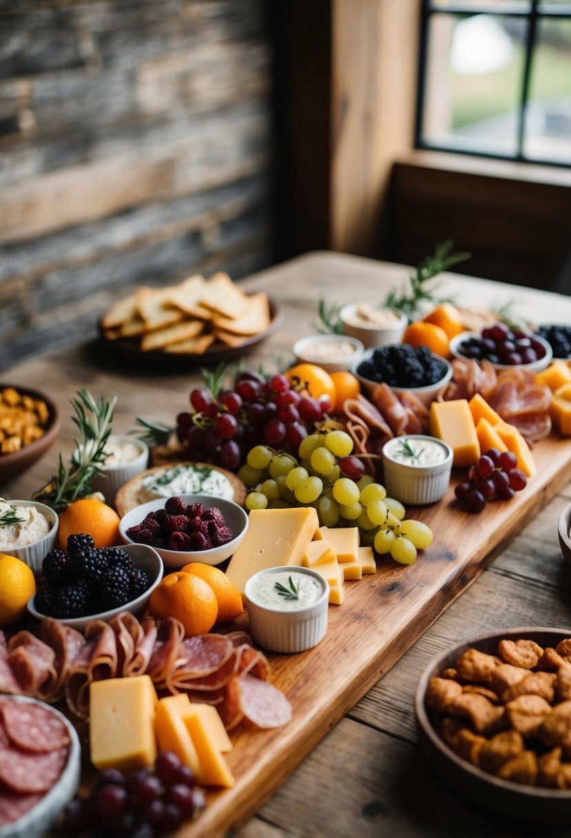 A wooden charcuterie board with an array of meats, cheeses, fruits, and dips arranged on a rustic table for a wedding snack display