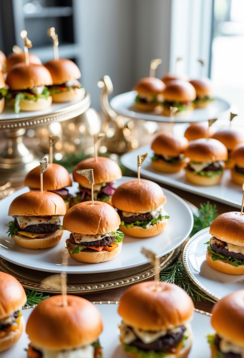 A table adorned with mini sliders topped with gourmet ingredients, surrounded by elegant serving platters and decorative accents