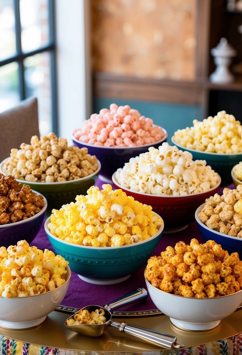 A colorful array of gourmet popcorn flavors displayed on a decorated table with elegant serving bowls and scoops