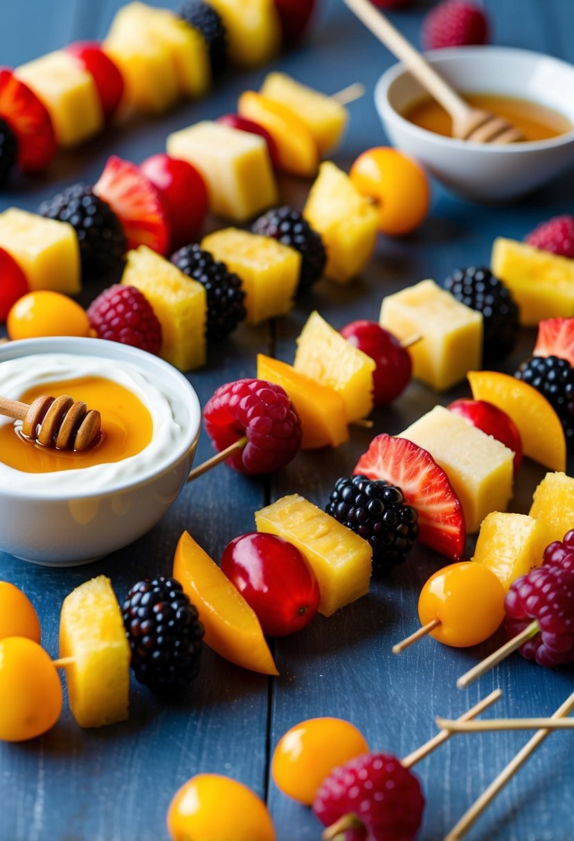 A table filled with fruit skewers arranged around a bowl of honey yogurt dip