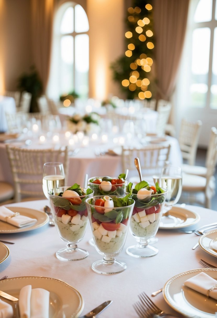 A table adorned with Caprese Salad Cups, surrounded by elegant wedding decor and soft ambient lighting