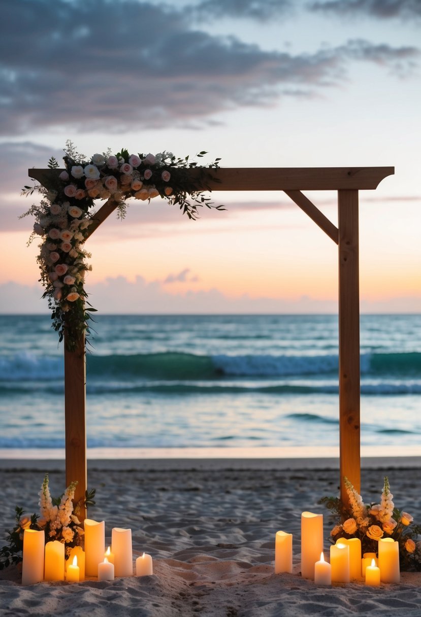 A serene beach at sunset with a simple wooden arch adorned with flowers, surrounded by flickering candles and the sound of crashing waves