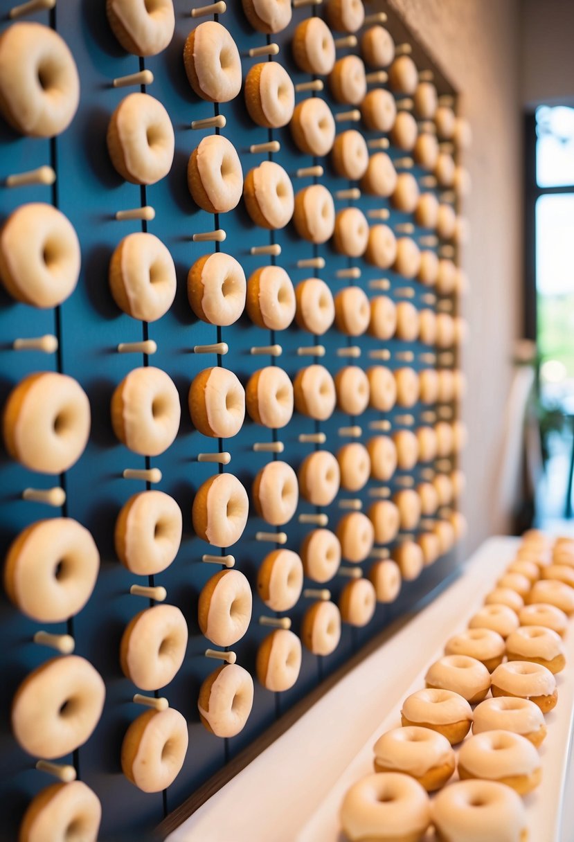 A decorative wall with pegs holds rows of mini doughnuts for a wedding snack table