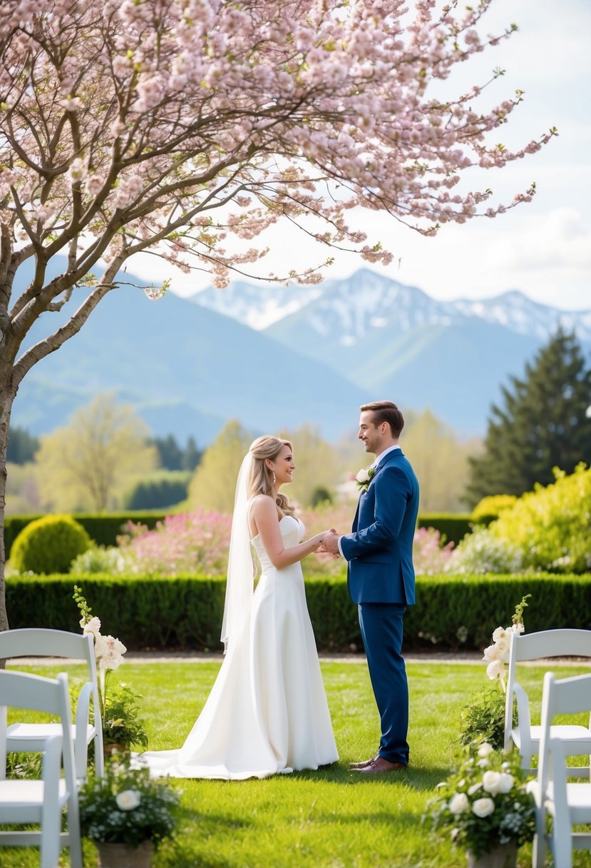 A couple stands under a blooming tree in a serene garden, exchanging vows with a picturesque view of mountains in the background