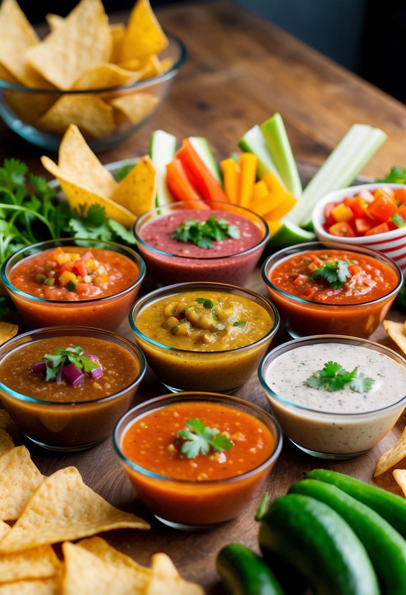 A festive salsa bar with a variety of colorful salsas in glass bowls, surrounded by tortilla chips and fresh vegetables for dipping