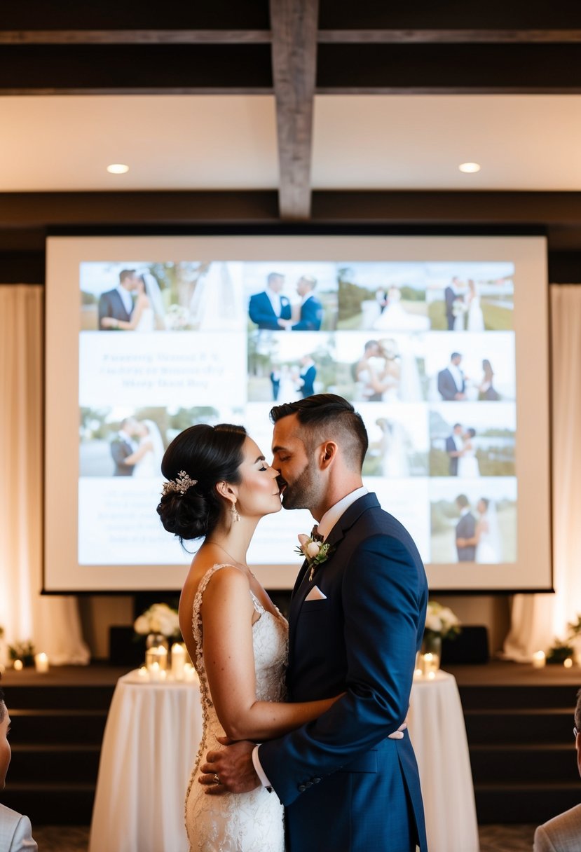 A couple's love story depicted through a slideshow at their wedding vow renewal ceremony