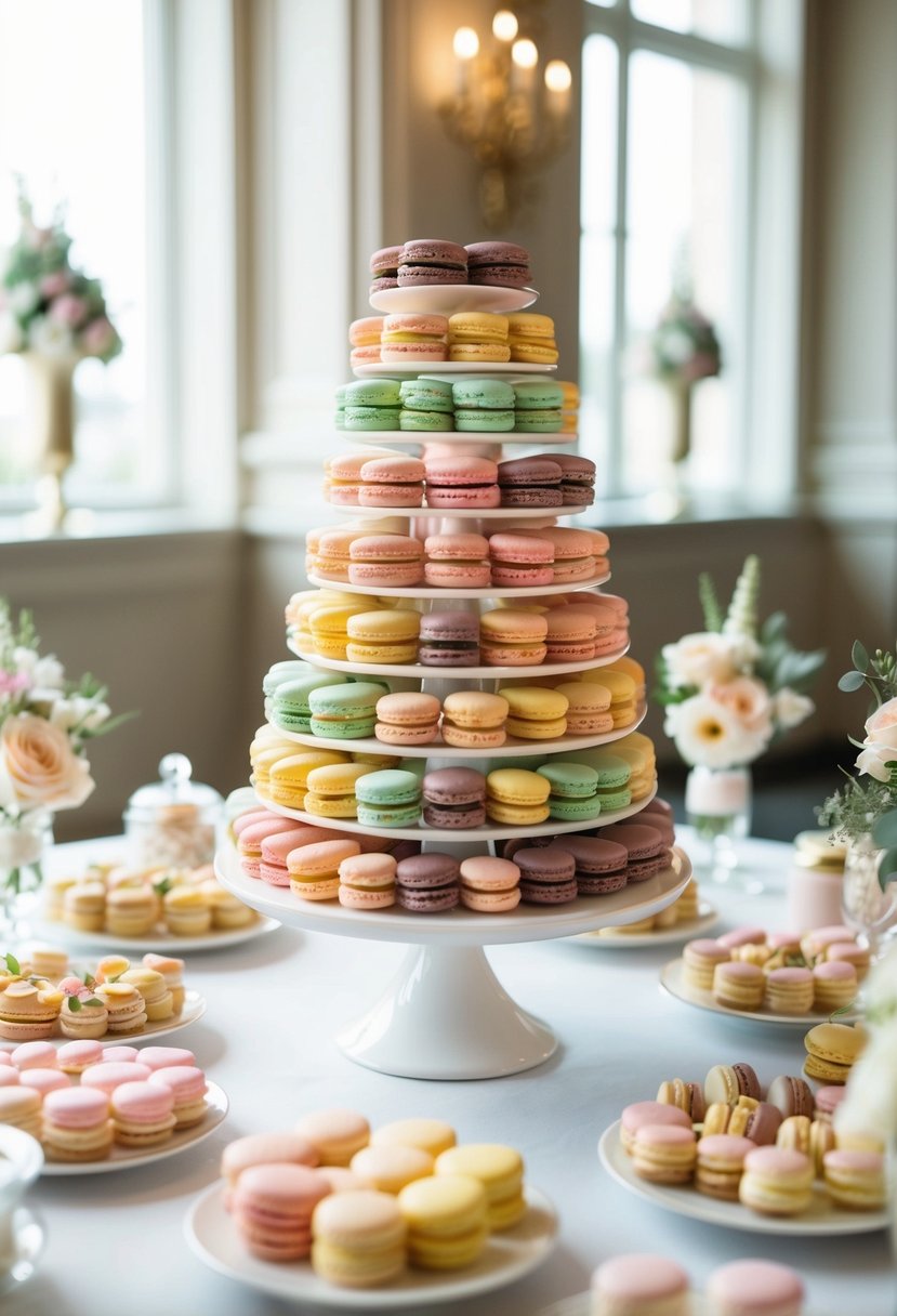 A tower of colorful macarons stands as the centerpiece on a wedding snack table, surrounded by delicate pastries and elegant floral arrangements